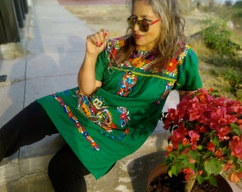 Mexicaanse geborduurde groene jurk vrouwen, grote maten Huipil-kleding, boho-boerblouse, traditionele trouwjurk, Oaxaca-tuniekcadeau