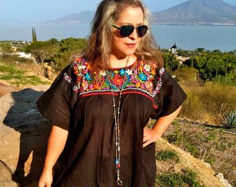 2XL. Mexican Embroidery Blouse, Boho Clothing for Women, Peasant Embroidered Top, Mexican Black Shirt