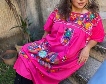 Bohemian Pink Dress, Mexican Embroidered Pink Dress Women, Plus Size Huipil Clothing, Peasant Dress, Traditional Dress, Hippie Tunic Gift