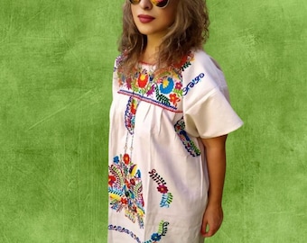 Handmade Mexican Embroidered Manta Dress, Ivory Raw Cotton with Colorful Embroidery, Boho Mexican Embroidered Dress, Hippie Dress, Bohemian