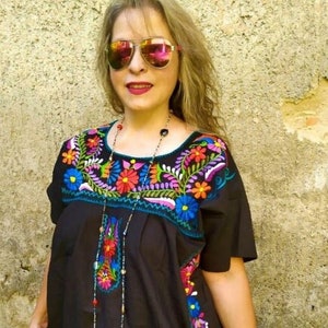 Mexican Peasant Blouse, Embroidered Plus Size Boho Top, Mexican Black ...