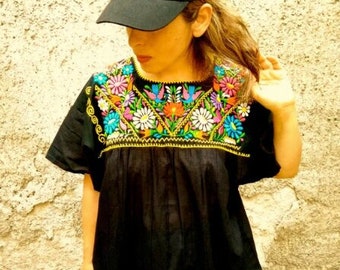 2XL & 4XL. Mexican Embroidery Blouse, Boho Clothing for Women, Peasant Embroidered Top, Mexican Black Shirt, Plus Size