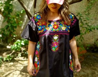 Mexican Peasant Blouse, Embroidered Plus Size Boho Top, Mexican Black Tunic Dress, Hippie 70s Embroidery Style. Cinco De Mayo Shirt Gift