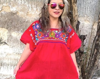3XL. RED DRESS. Mexican Embroidered Dress for Women. Boho dress. Bohemian dress. RED Embroidery Tunic. Fresh dress. Plus Size. Beach dress.