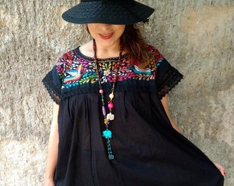 Mexican Embroidered Blouse, Plus Size Huipil Clothing, Black Peasant Top, Traditional Mexican Dress, Oaxacan Womens Top, Spring Fashion Gift