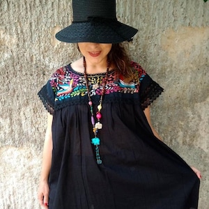 Mexican Embroidered Blouse, Plus Size Huipil Clothing, Black Peasant Top, Traditional Mexican Dress, Oaxacan Womens Top, Spring Fashion Gift