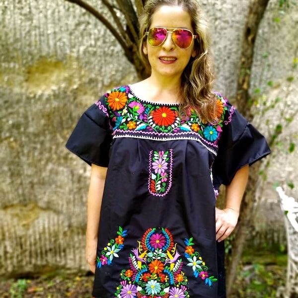 2XL & 4XL. Mexican Embroidered Dress for Women. Maxi dress. Boho dress. Bohemian dress. Black Embroidery Tunic. Beach dress. Plus Size