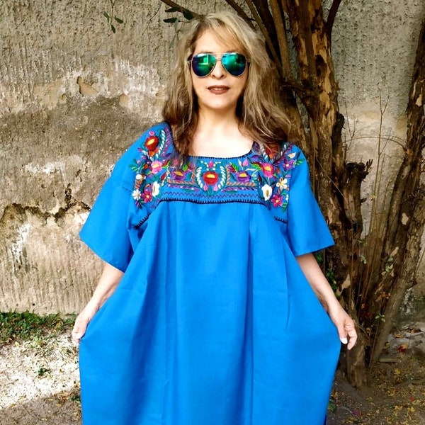 4XL. Mexican Embroidered Dress for Women. Boho dress. Bohemian dress. BLUE Embroidery Tunic. Fresh dress. Popeline.  Plus Size.