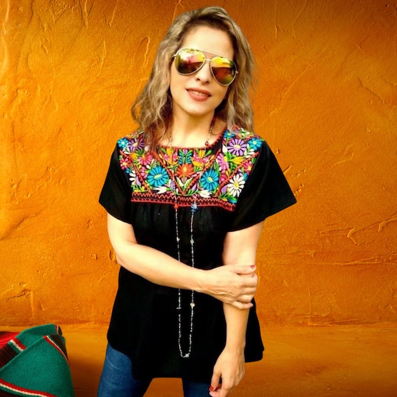 2XL Mexican Embroidery Blouse, Boho Clothing for Women, Peasant Embroidered Top, Mexican Black Shirt, Plus Size, Bohemian Blouse, Black tee.
