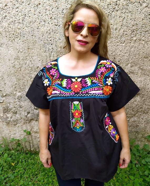 Mexican Embroidered Blouse, Plus Size Huipil Clothing, Black