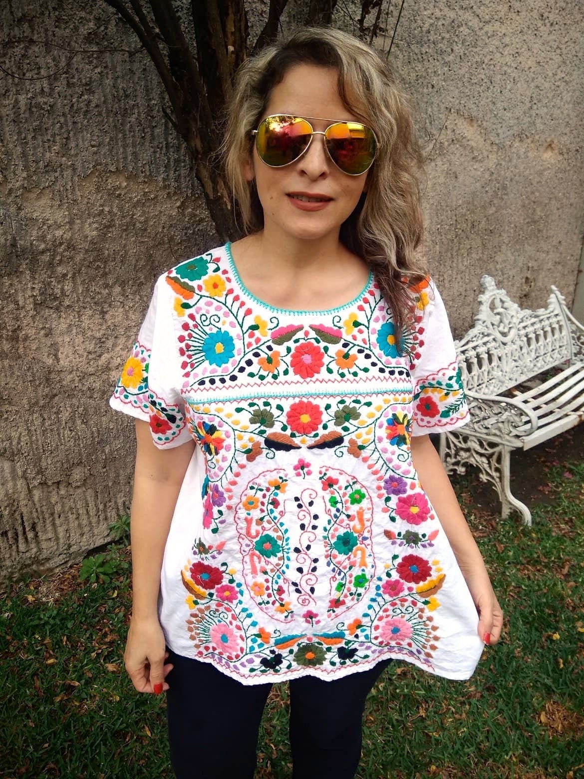 XL Mexican Boho Embroidered Blouse Dress, Peasant Top, Mexican White …