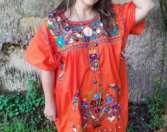 4XL Besticktes Mexikanisches Kleid für Frauen. Maxikleid. Boho Kleid. Boho Kleid. Orange. Stickerei Tunika. Plus Größe, Popeline Baumwolle Boho.
