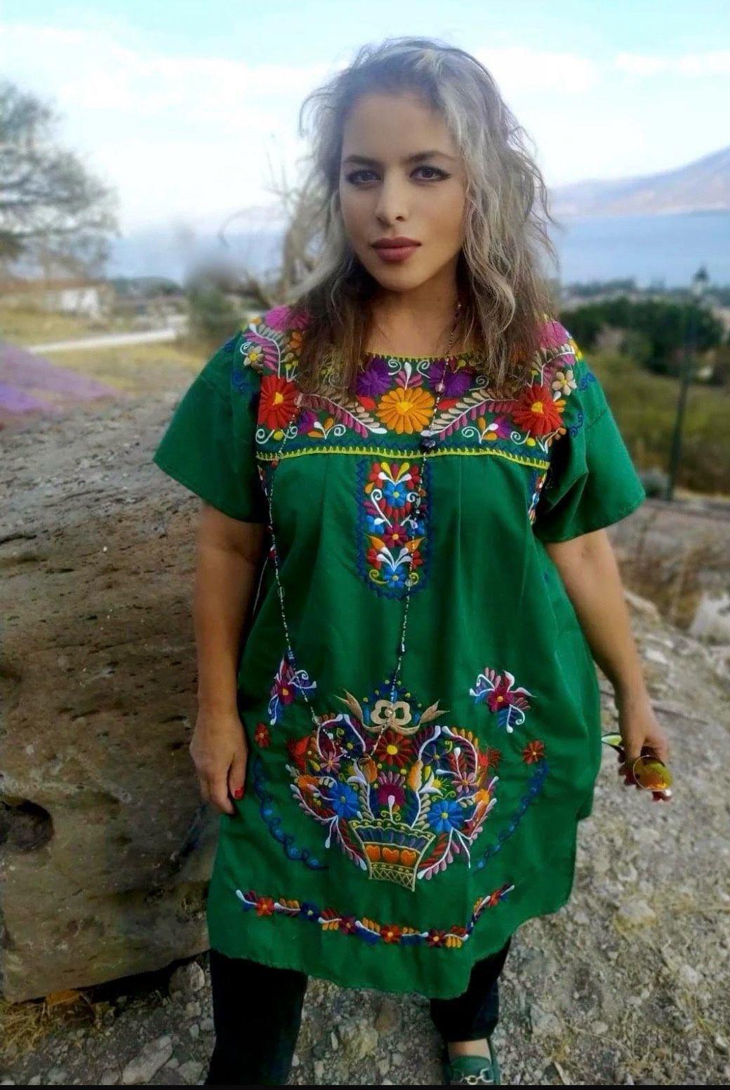 sachin and babi light blue dress Green Mexican Dress Embroidered
