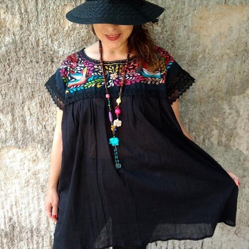 sachin and babi light blue dress Mexican Embroidered Dress  Linen  Kuxtal Mayan Goods