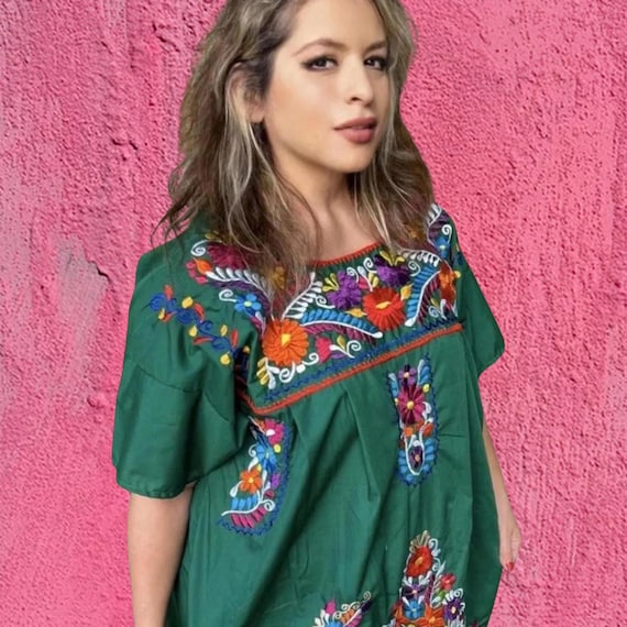 green mexican embroidered dress Green Embroidered Mexican Dress
