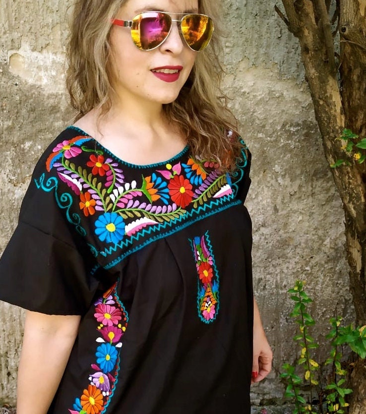 Mexican Embroidered Blouse, Plus Size Huipil Clothing, Black