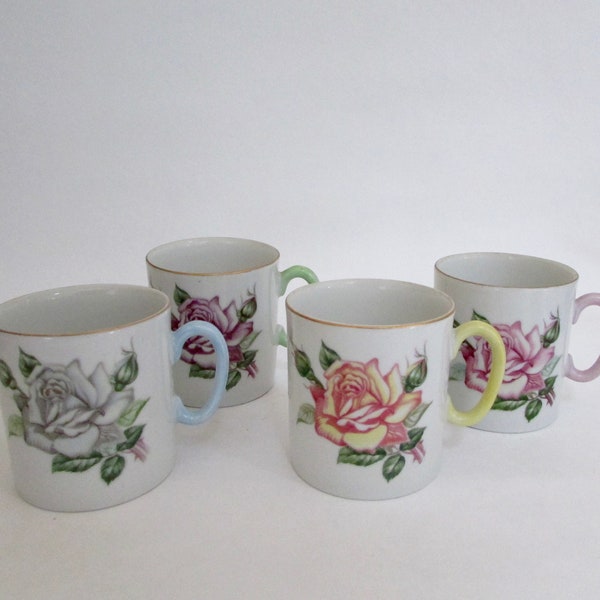 Vintage Lefton Rose Mugs, Lefton #170 Set of Four Porcelain Teacups or Coffee Mugs