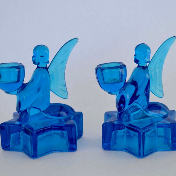 Vintage Angel blauw glazen kandelaar houders, blauw glas Angel Kaarsenbakjes, Mid Century glas