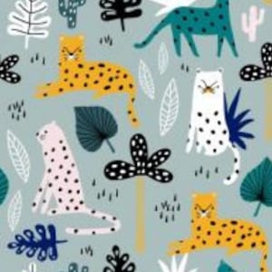 May include: A seamless pattern featuring a repeating design of leopards with black spots, green, blue, and yellow leaves, and cacti on a light blue background.