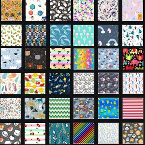 Könnte beinhalten: Eine Sammlung von 36 farbenfrohen und verspielten Mustern mit verschiedenen Designs, darunter Tiere, Essen, geometrische Formen und vieles mehr. Diese Muster eignen sich perfekt für Stoffe, Tapeten oder jedes kreative Projekt.