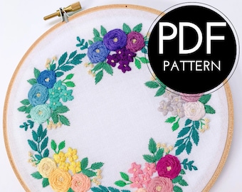 digital hand embroidery pattern | rainbow wreath floral design | digital PDF download | embroidery pdf | embroidery pattern