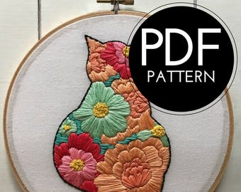 digital hand embroidery pattern | floral cat design | digital PDF download | embroidery pdf | embroidery pattern