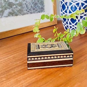 Vintage Boho Wooden Jewelry or Ring Box with Gold Inlay and Dark Wood Geometric Accents