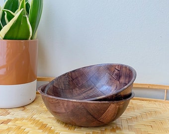 Set of 2 Vintage Parquet Wood Textured Bowls for a 70's Inspired Home
