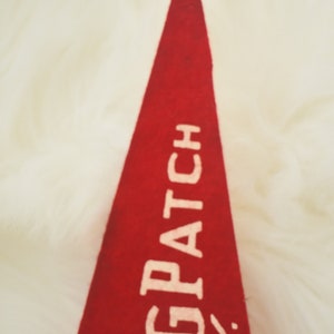 May include: A red felt pennant with white text that reads "DOGPATCH KY." The pennant is triangular and has a pointed end. The background is a soft, white, fluffy texture.