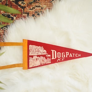May include: A red pennant with the text "DOGPATCH KY" in white lettering. The pennant features illustrations of buildings and landscapes. The pennant is mounted on a wooden frame and is displayed on a white fluffy surface.