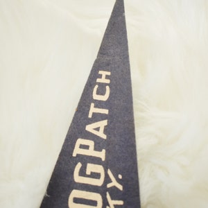 May include: A navy blue pennant with the text "DOGPATCH KY" in a vintage font. The pennant is triangular and made of felt. The background is a fluffy, white surface.