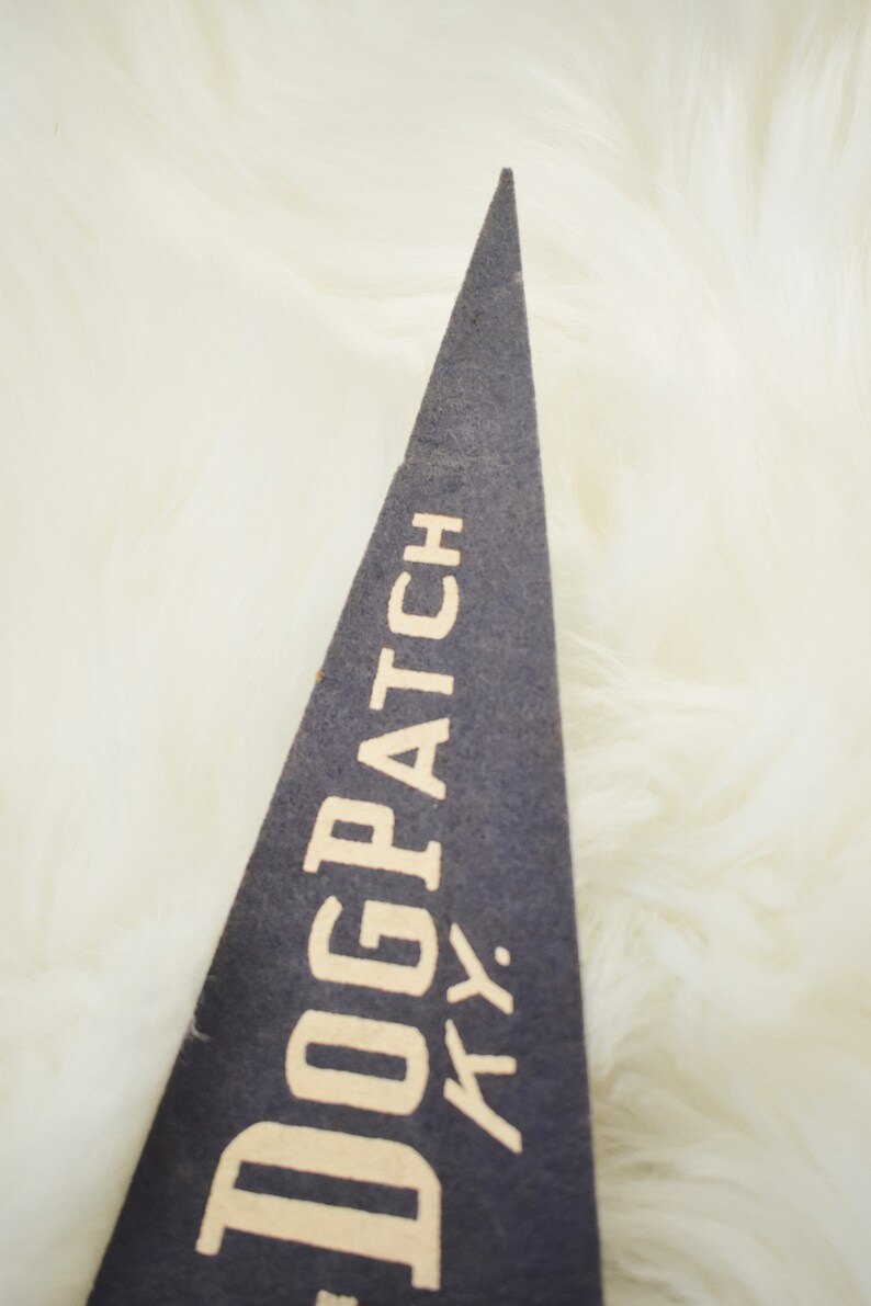 May include: A navy blue pennant with the text "DOGPATCH KY" in a vintage font. The pennant is triangular and made of felt. The background is a fluffy, white surface.