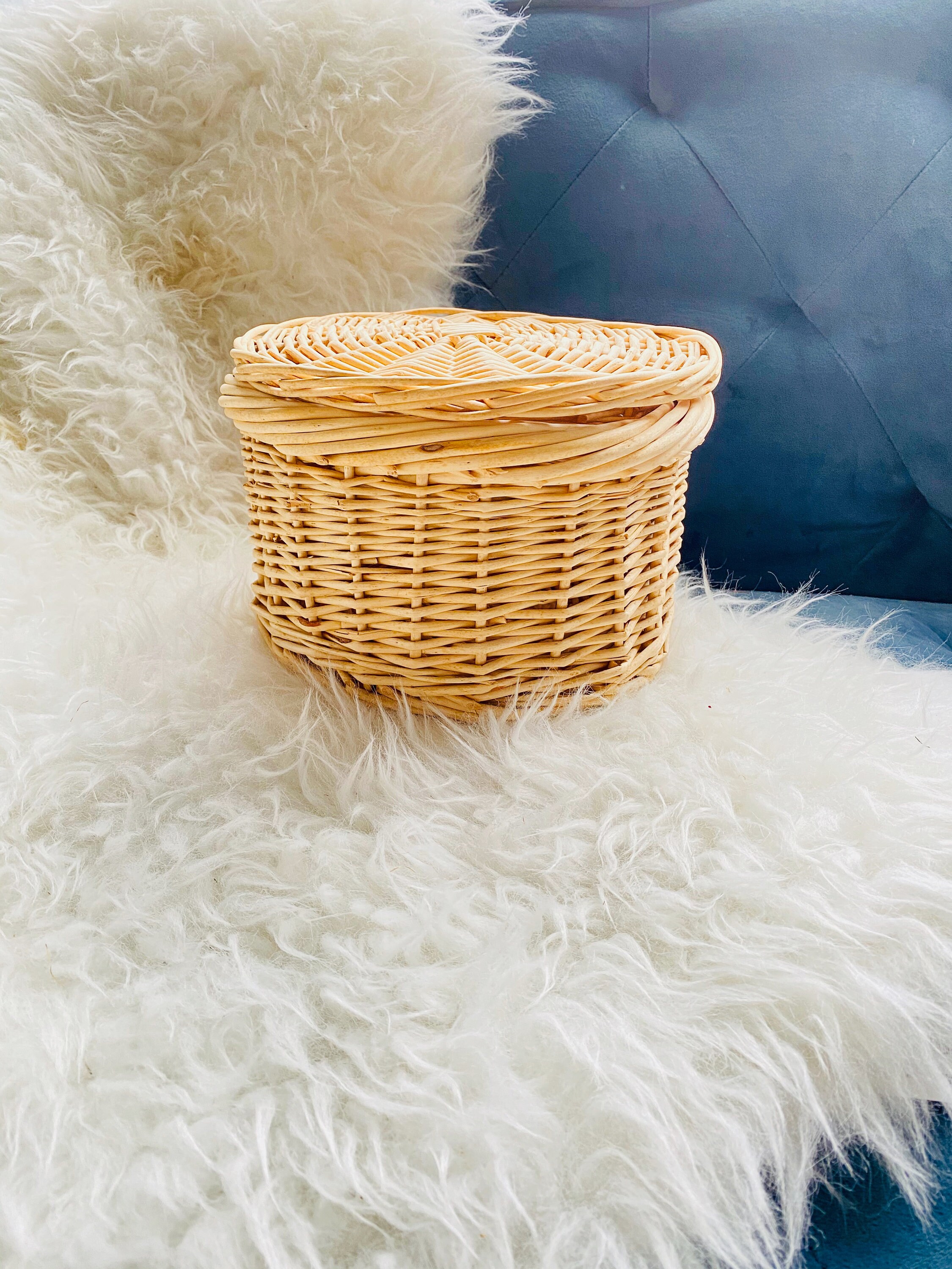 Round Vintage Woven Basket With Flat Lid for Living Room or | Etsy