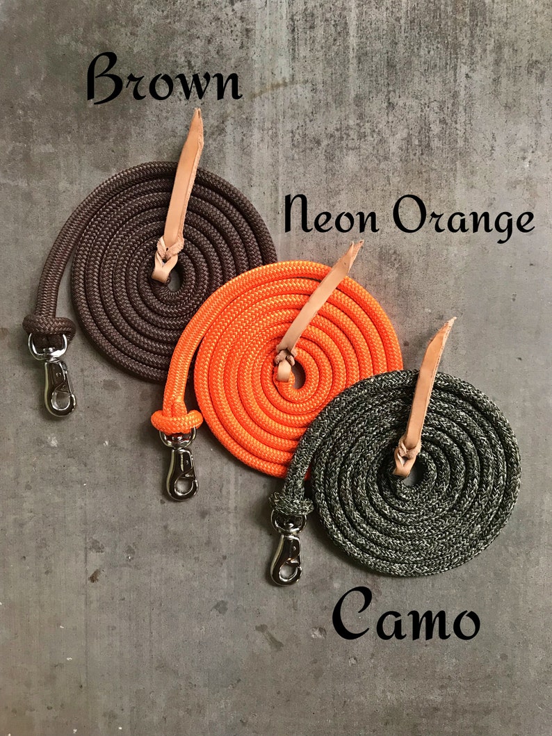 May include: Three coiled dog leads in brown, neon orange, and camouflage. The leads have a leather handle and a silver clip.