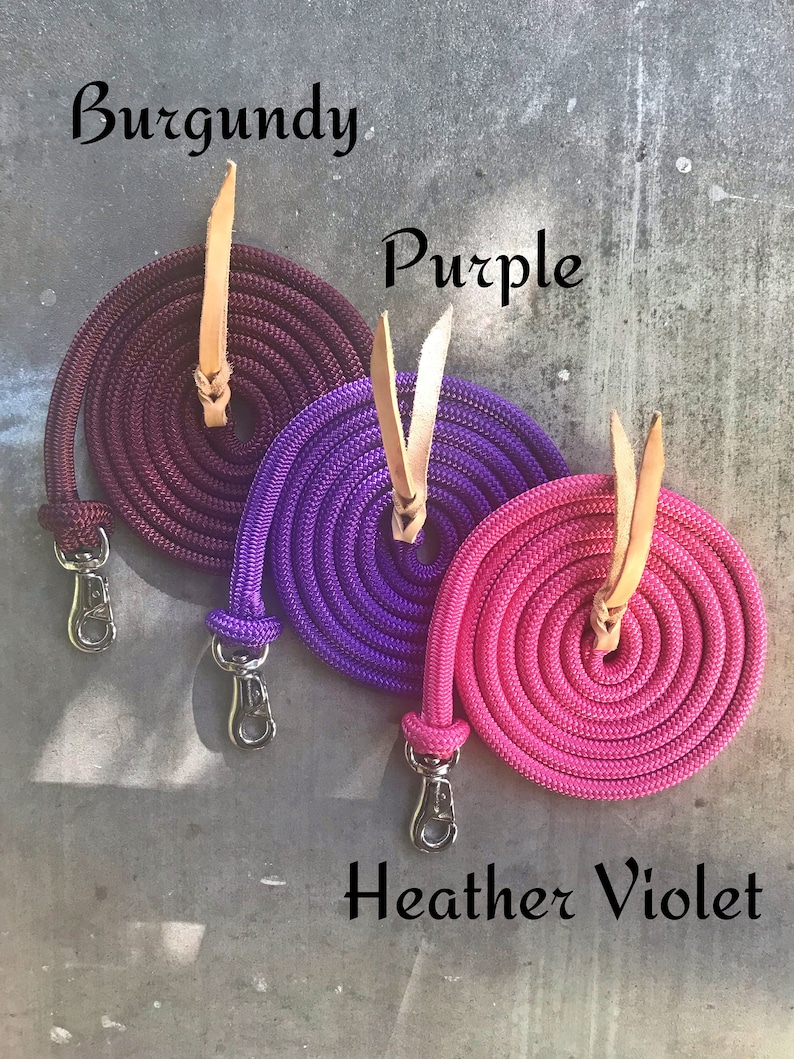 May include: Three coiled ropes with leather ends and metal clasps. The ropes are burgundy, purple, and heather violet.