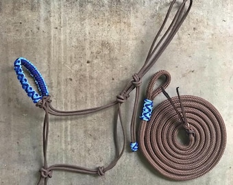 May include: A brown rope halter with blue and white accents, and a matching lead rope coiled in a circle.