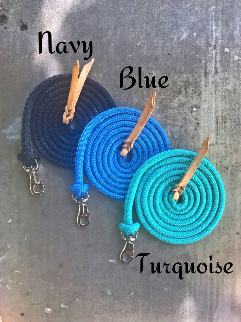 May include: Three coiled ropes with leather straps and metal clips. The ropes are navy blue, blue, and turquoise.
