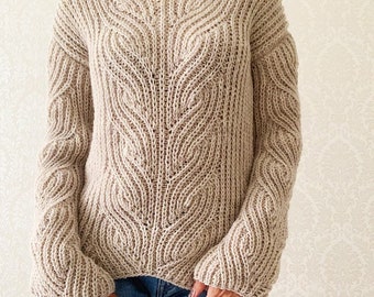 Hand Knitted Alpaca Wool Pullover in Beige with Wave Pattern Capsule Wardrobe