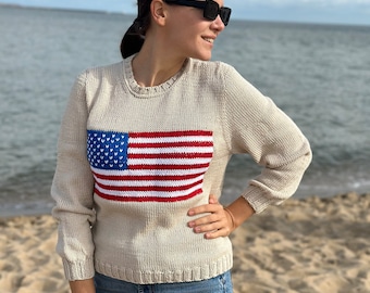 Hand-knitted pullover with hand-embroidered American flag made with, could be personalized gift for her, Fall clothing,