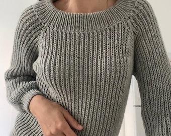 Hand-Knitted Ribbon Style Grey Merino Wool Women's Pullover Sweater - Perfect  for Her, Cozy Winter Fashion, Old money style