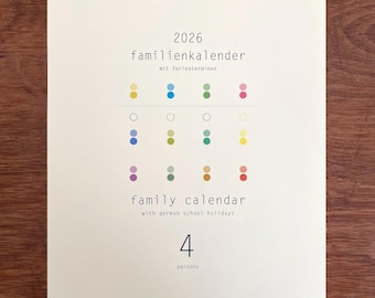 Familienkalender PUNKTE 2026 (4 Spalten) - Feiertage, Schulferien und KW!