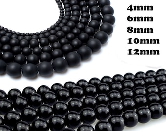 Perles d'onyx pierres précieuses rondes 4/6/8/10/12 mm noir poli, mat, rayures boules pierres précieuses pour bijoux artisanat bracelet collier