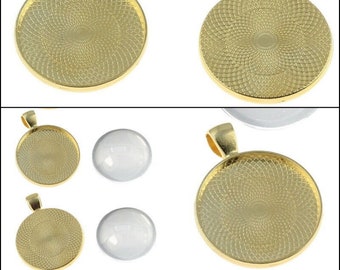 Montures rondes dorées pour cabochons médaillons pendentifs avec cabochons en verre transparent