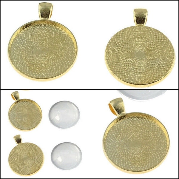 Montures rondes dorées pour cabochons médaillons pendentifs avec cabochons en verre transparent