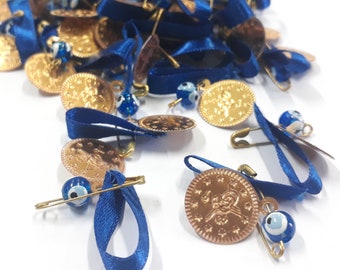 100 pcs Nazar Boncuk Blue Eye Evil Eye with Enamelled Metal Coin Beads Tugra, Safety Pin and Cord, Evil Eye Lucky Charm