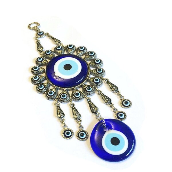 Nazar Boncuk Boncugu Türkisch Blau Evil Eye Katze Wandbehang 30cm Ornament Amulett Schutz Segen Geschenk Glasperlen Metall Anhänger