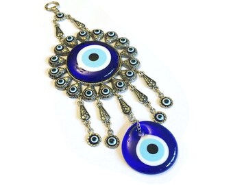 Nazar Boncuk Boncugu Turkish Blue Evil Eye Cat Wall Hanging 30cm Ornament Amulet Protection Blessing Gift Glass Beads Metal Pendant