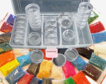 Juego de cuentas Rocailles 4 mm / 25 colores (25x10g) + caja de 25 latas de cuentas de vidrio inserto de plata transparente opaco conjunto mixto joyería artesanal