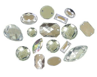 100 diamantes de imitación para coser piedras brillantes, 2 agujeros, botones de costura, conjunto mixto, piedras acrílicas de cristal y AB, parte posterior plana facetada