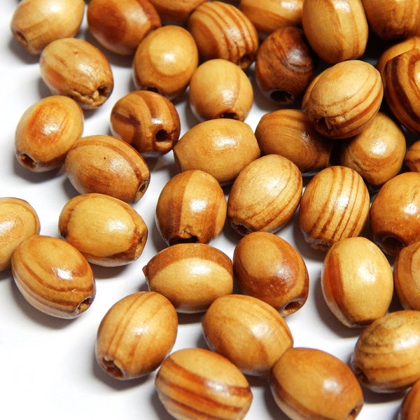Wooden beads loose beads made of pine wood 8/10 mm wooden olives with natural grain and hole, natural for threading